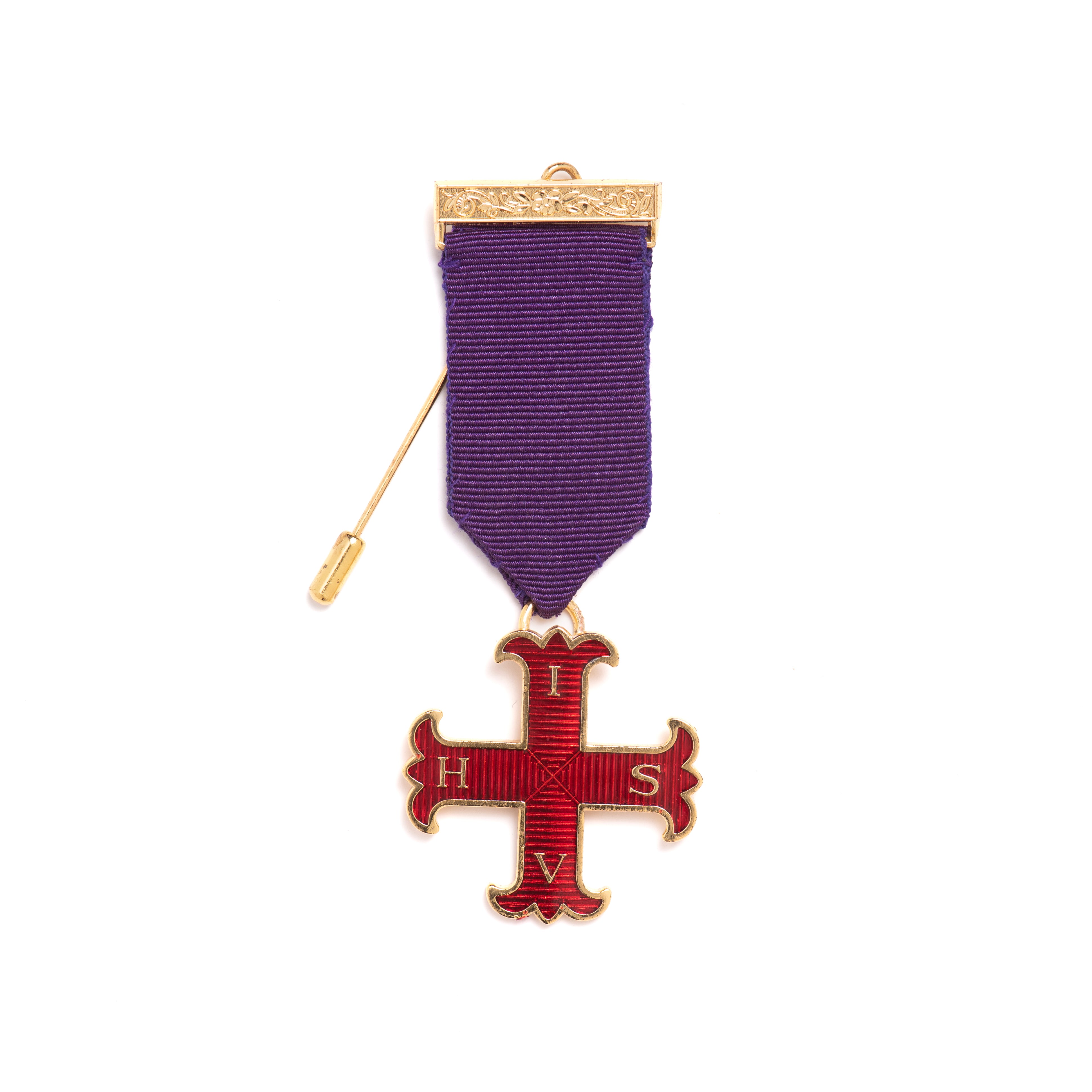 A Red Cross of Constantine Masonic breast jewel with a purple ribbon, gold-colored metalwork, and a red cross pendant.