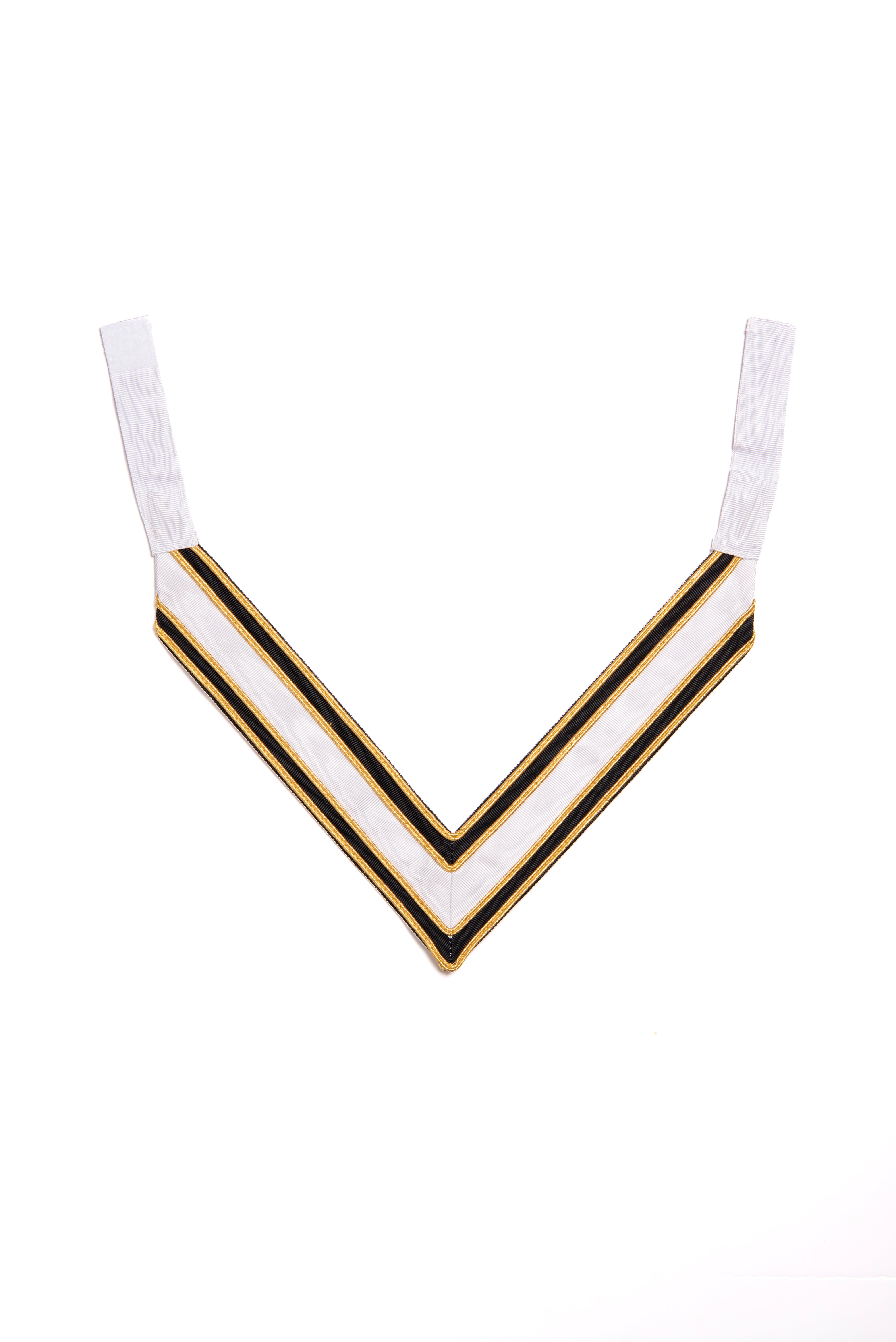 A 'V' neck Masonic collarette with a swivel hook tip, predominantly white with black and gold stripes.