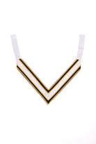 A 'V' neck Masonic collarette with a swivel hook tip, predominantly white with black and gold stripes.