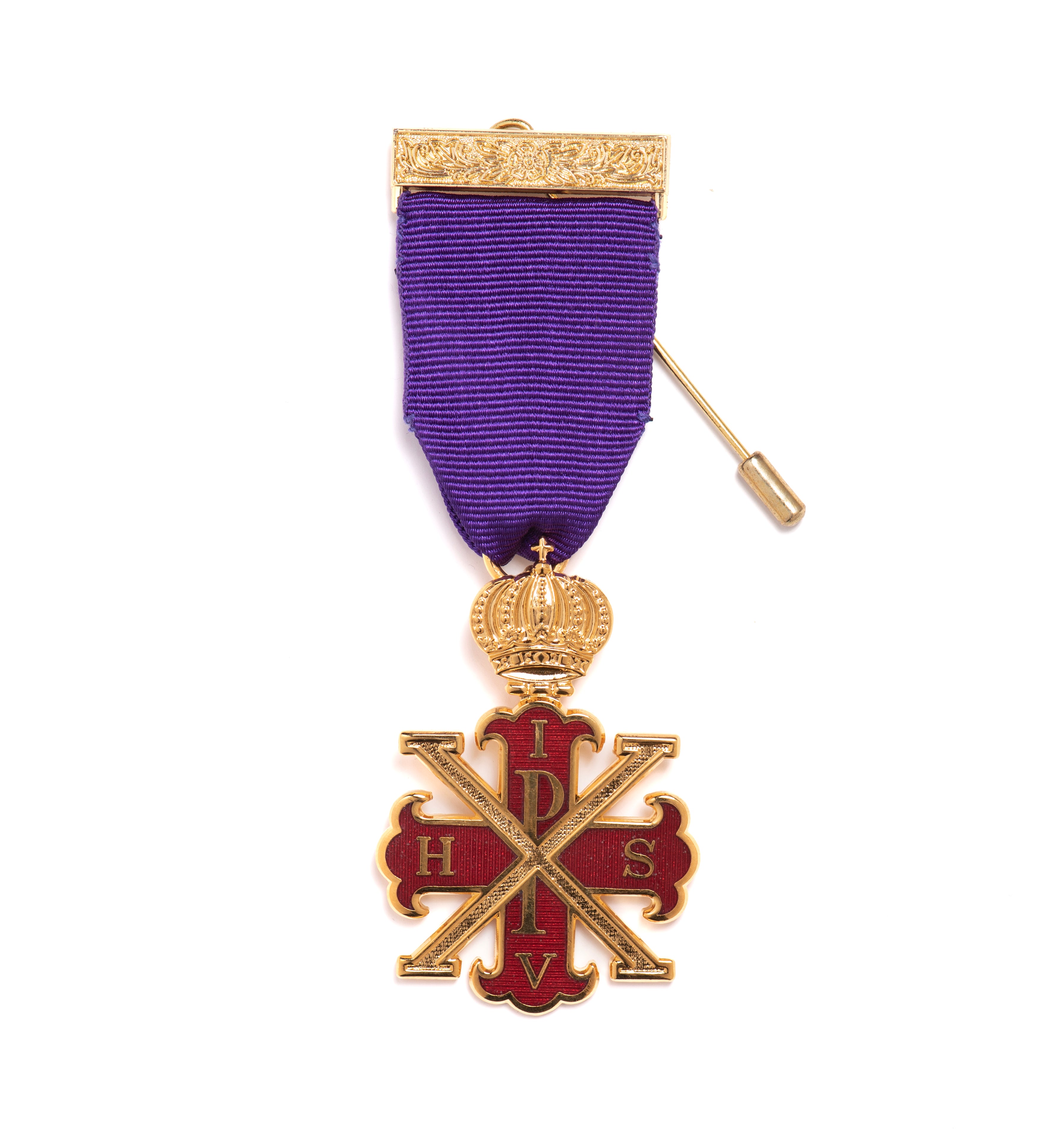 A purple and gold colored ribbon with a metal badge featuring a red cross and the letters 'HIVS' in the center.