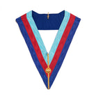 A V-shaped red, blue, and turquoise Masonic collar with a gold emblem in the center, featuring detailed embroidery.