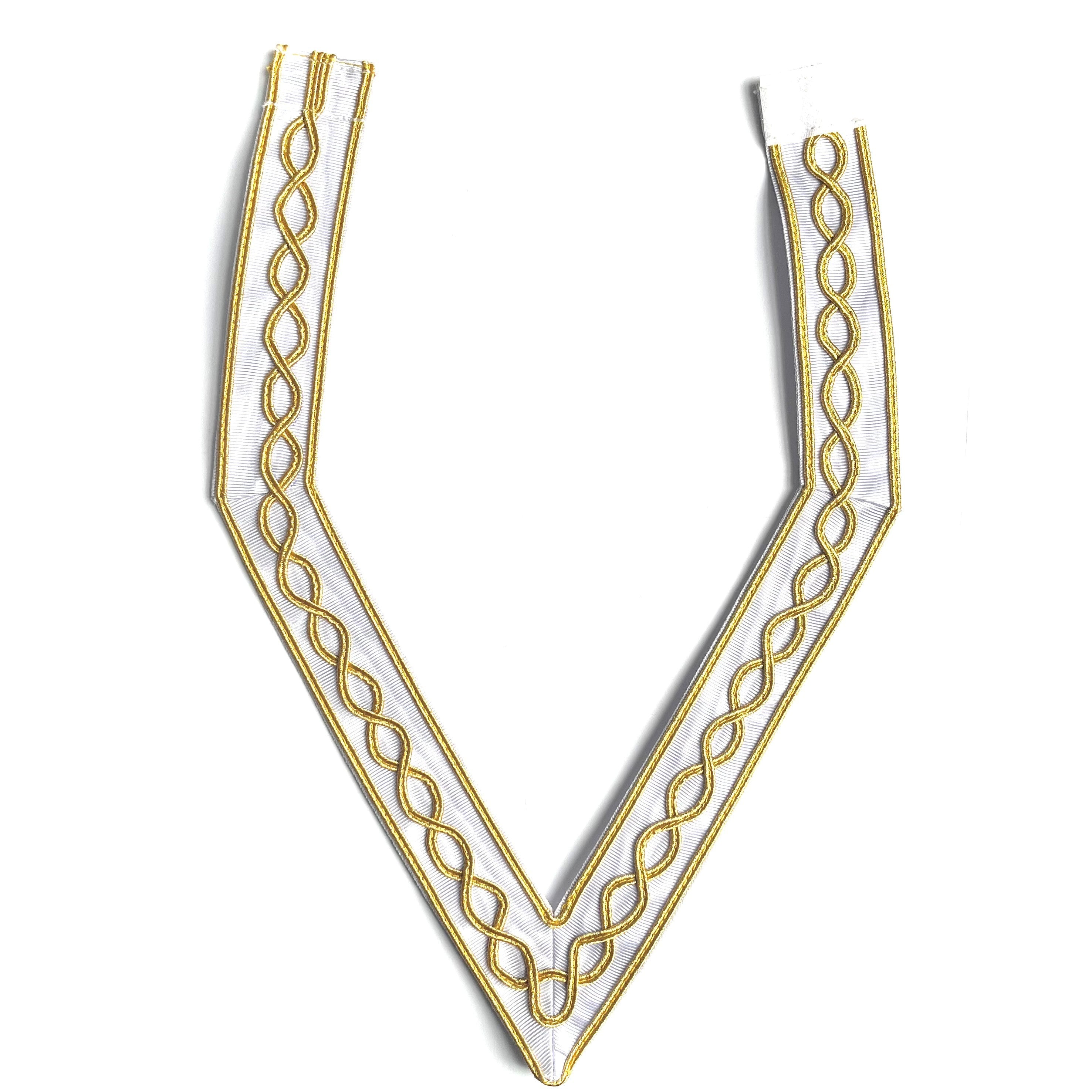 A gold Masonic 33rd degree collarette with an intricate necklace design on a white background