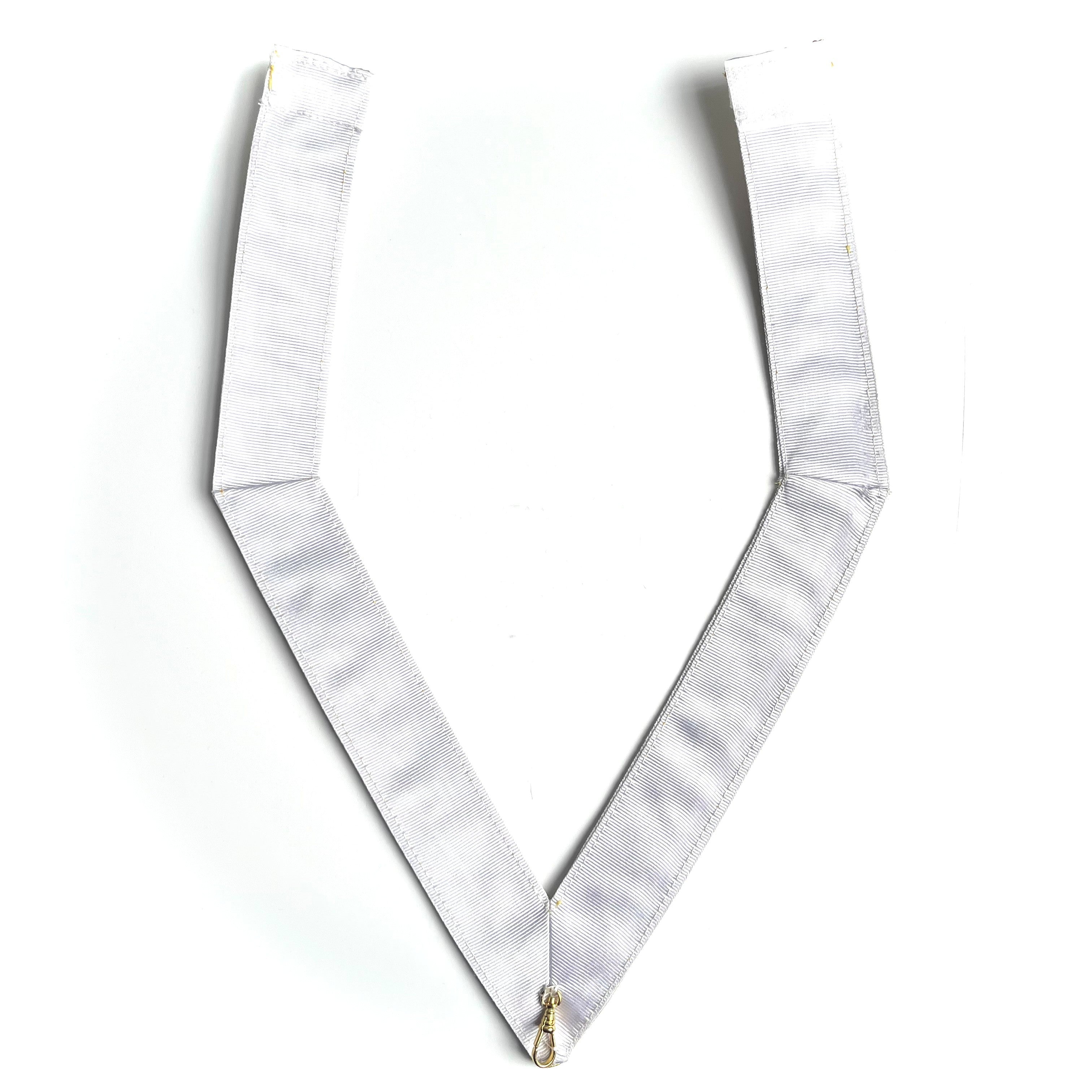 Back of white Masonic 33rd degree collarette with a gold buckle on a white background