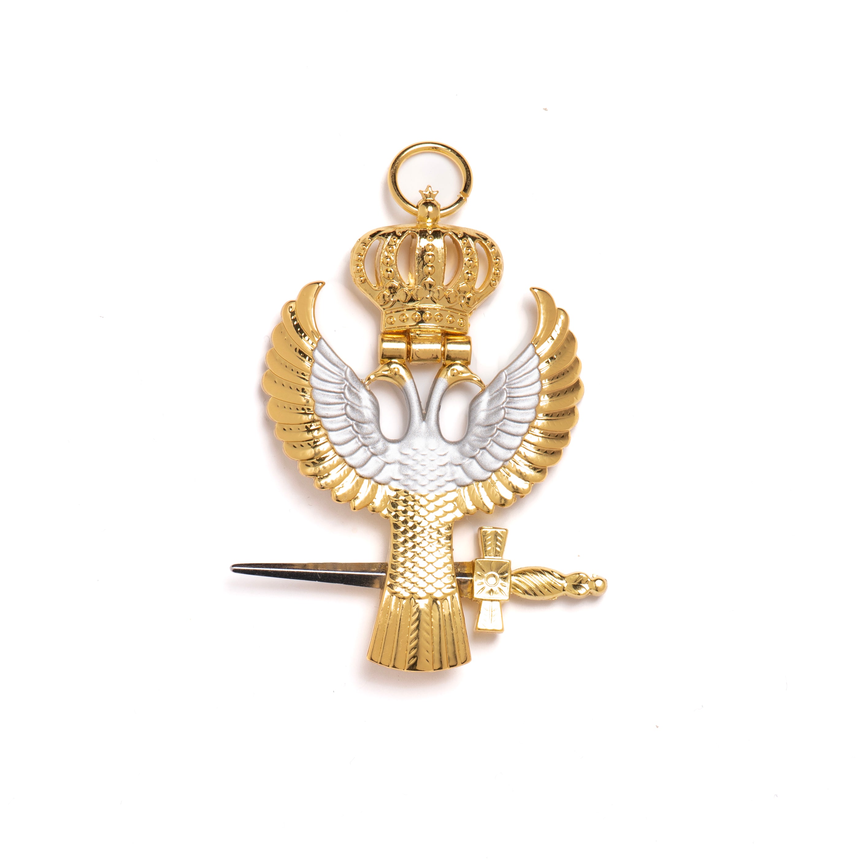 A Masonic jewel featuring a gold & silver colored eagle designed for attachment to a collar.