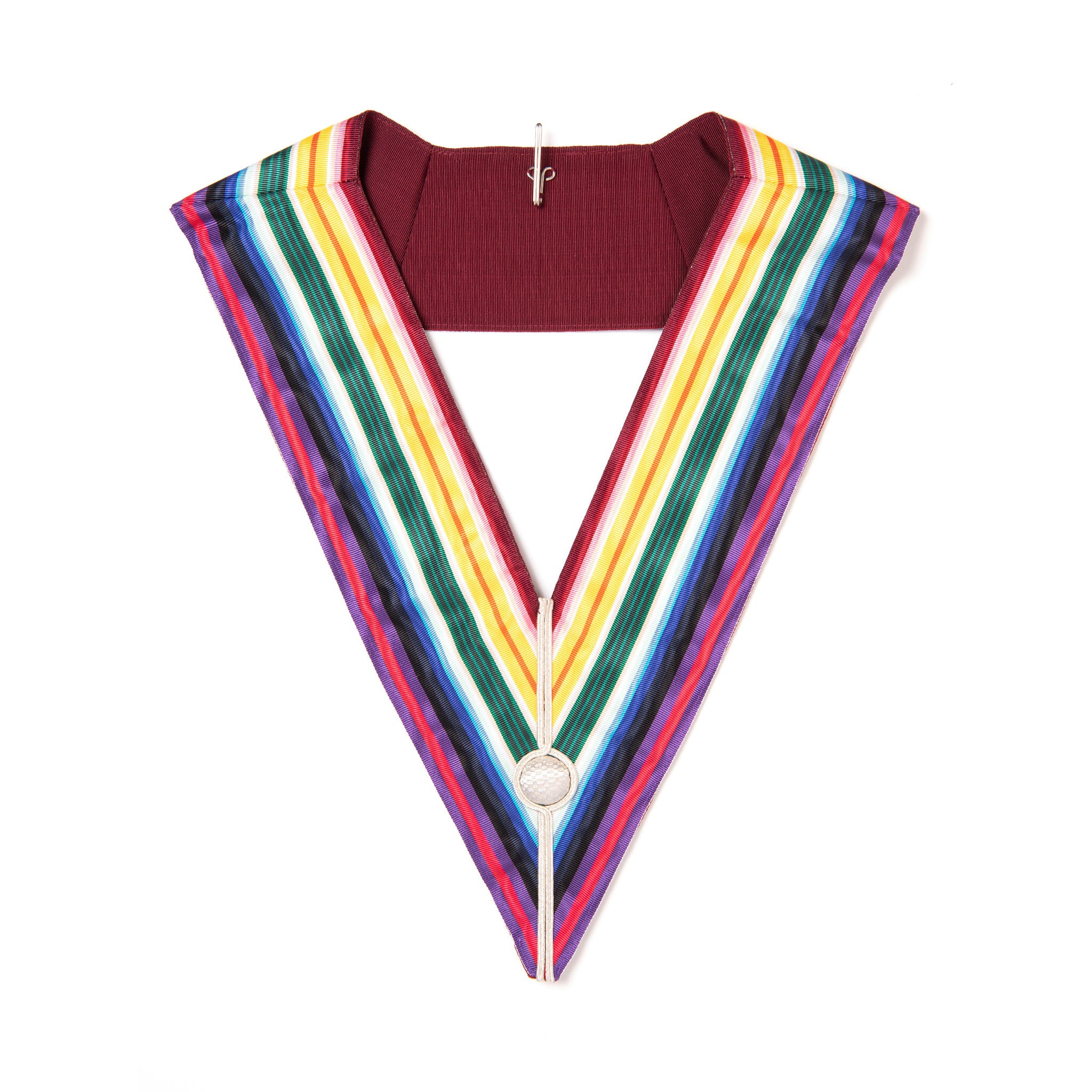 A Royal Ark Mariner Officers Collar with a metal badge, featuring vertical stripes of red, yellow, green, and blue, with a white point at the bottom.