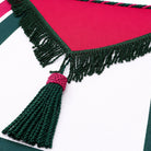 Royal Order of Scotland Masonic apron with red, green and white trim and tassel close up view