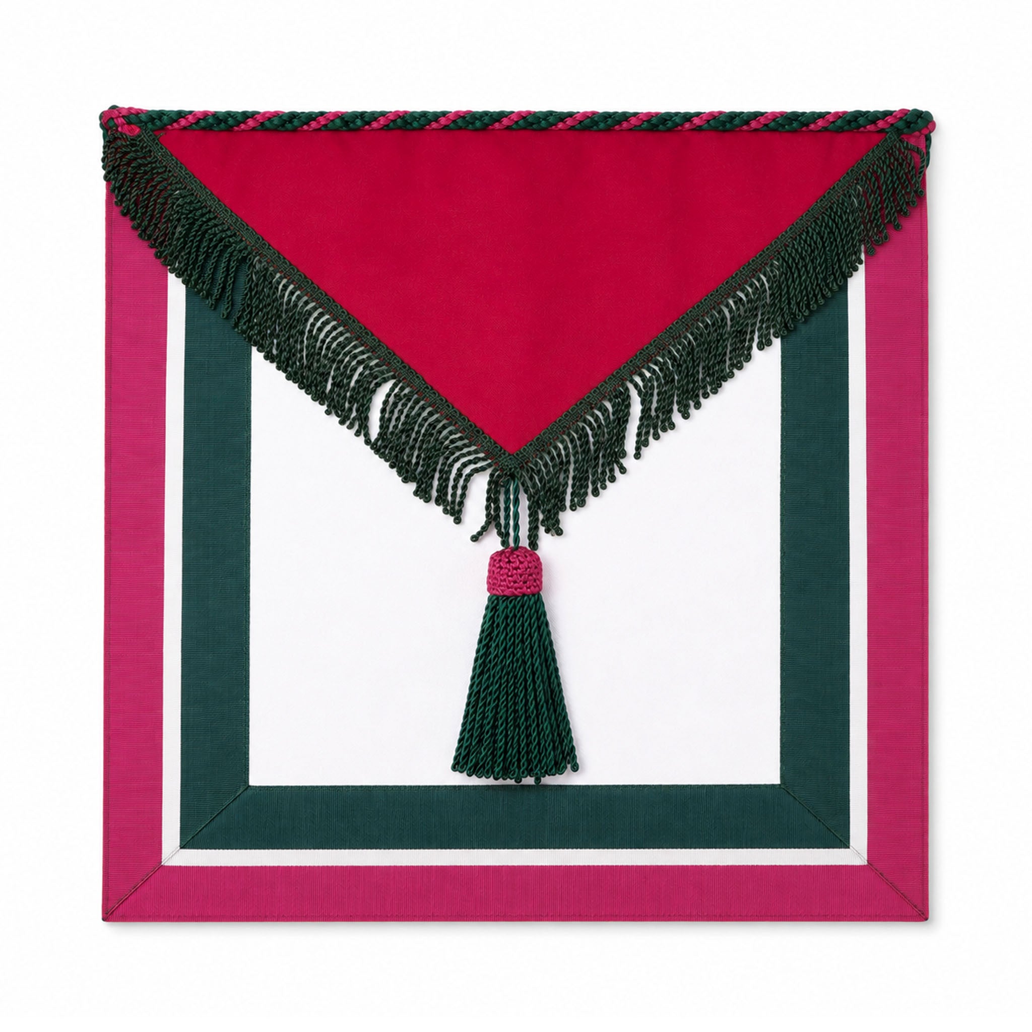 Royal Order of Scotland Masonic apron with red, green and white trim and tassel