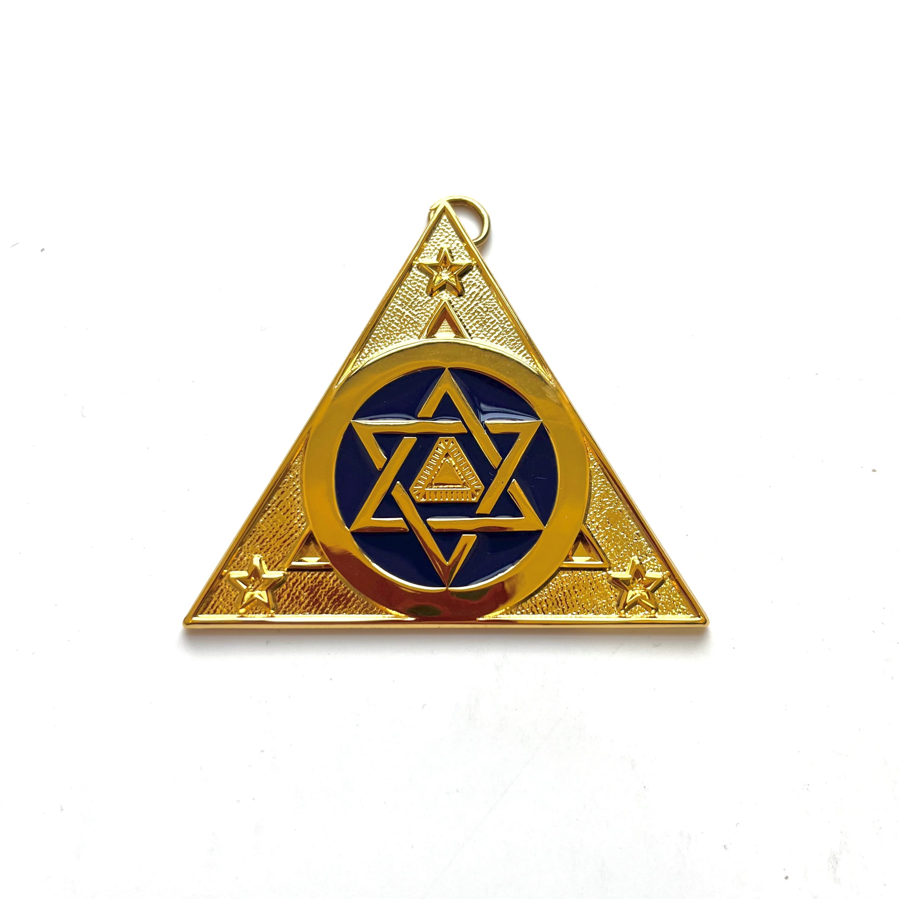A gold-colored Masonic collar jewel featuring a blue field with a white star and smaller stars on the edges.