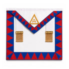 A Masonic Royal Arch Companion apron featuring a white front with a gold emblem, red and blue geometric patterns on the sides, and gold braiding with tassels.