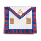 A Masonic Royal Arch Companion apron featuring a white front with a gold emblem, red and blue geometric patterns on the sides, and gold braiding with tassels.