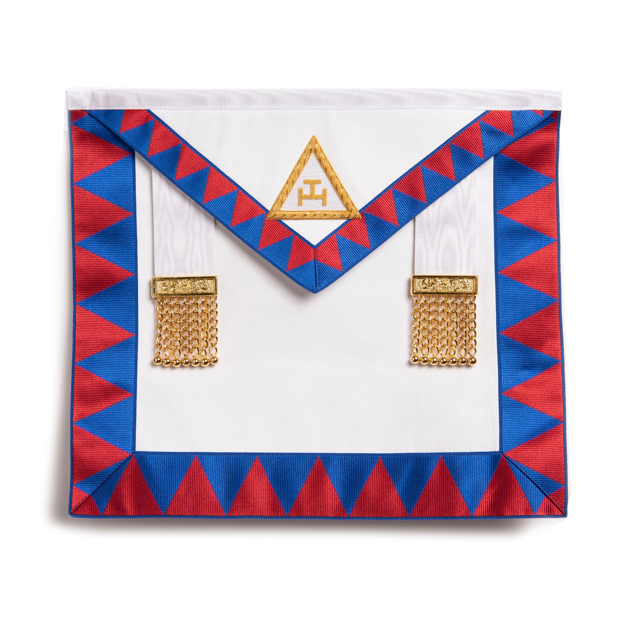 A Masonic Royal Arch Companion apron featuring a white front with a gold emblem, red and blue geometric patterns on the sides, and gold braiding with tassels.
