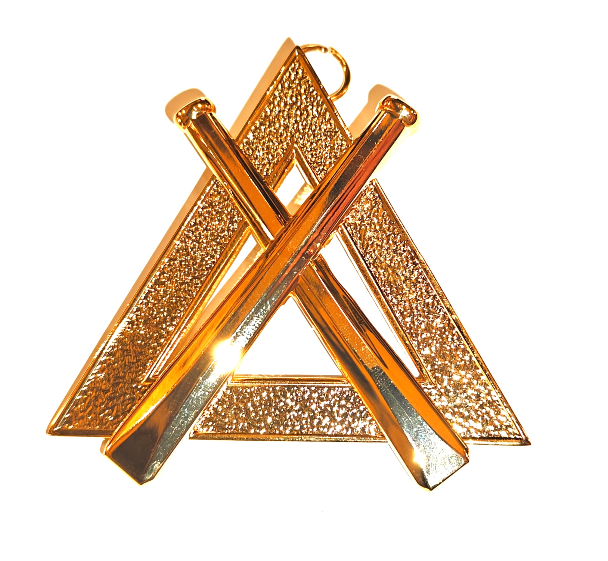Gold ,masonic mentor collar jewel with a geometric design on a white background