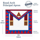 UGLE-approved Masonic Royal Arch Principal apron featuring a white and red front with a gold emblem, red and blue geometric patterns on the sides. Size dimension