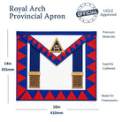 UGLE-approved Masonic Royal Arch Provincial apron featuring a white and blue front with a gold emblem, red and blue geometric patterns on the sides. Size dimension.