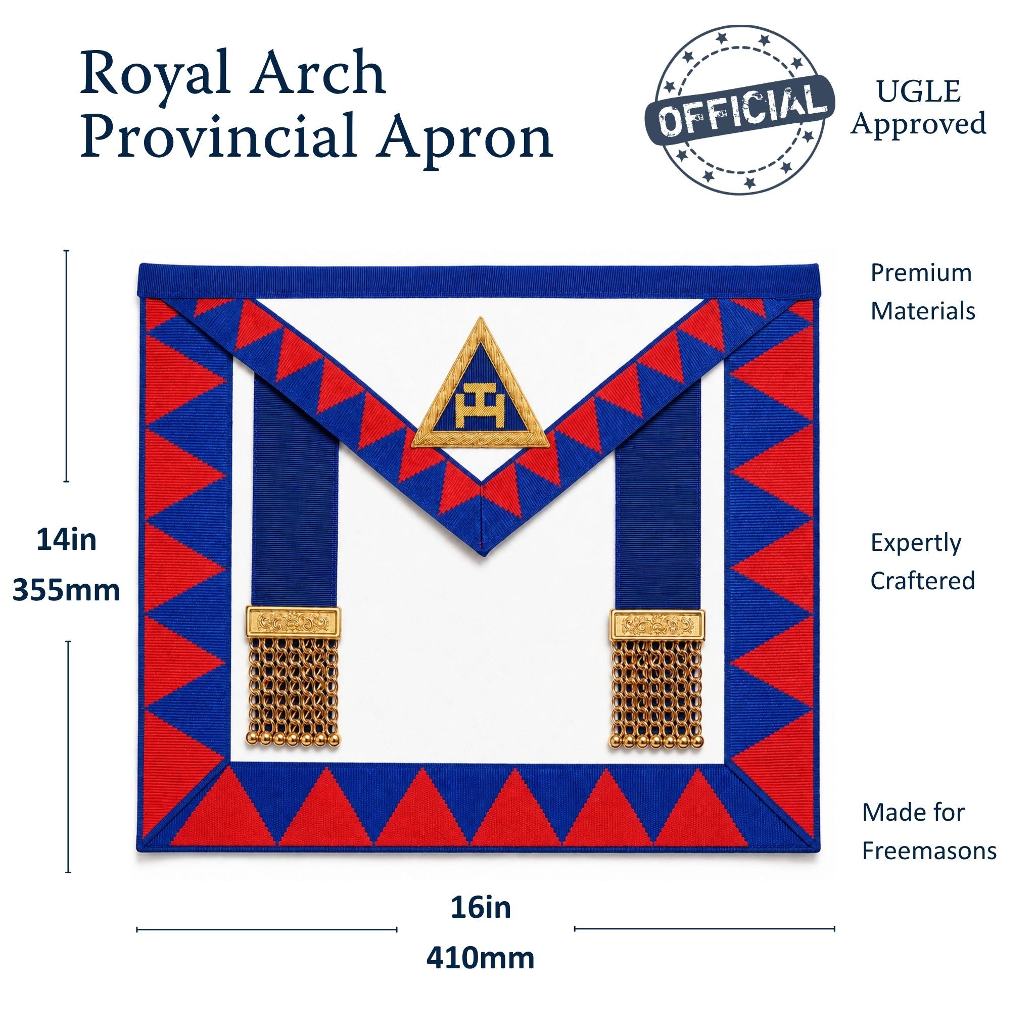 UGLE-approved Masonic Royal Arch Provincial apron featuring a white and blue front with a gold emblem, red and blue geometric patterns on the sides. Size dimension.