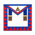 UGLE-approved Masonic Royal Arch Provincial apron featuring a white and blue front with a gold emblem, red and blue geometric patterns on the sides.