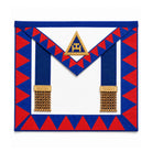 UGLE-approved Masonic Royal Arch Provincial apron featuring a white and blue front with a gold emblem, red and blue geometric patterns on the sides.