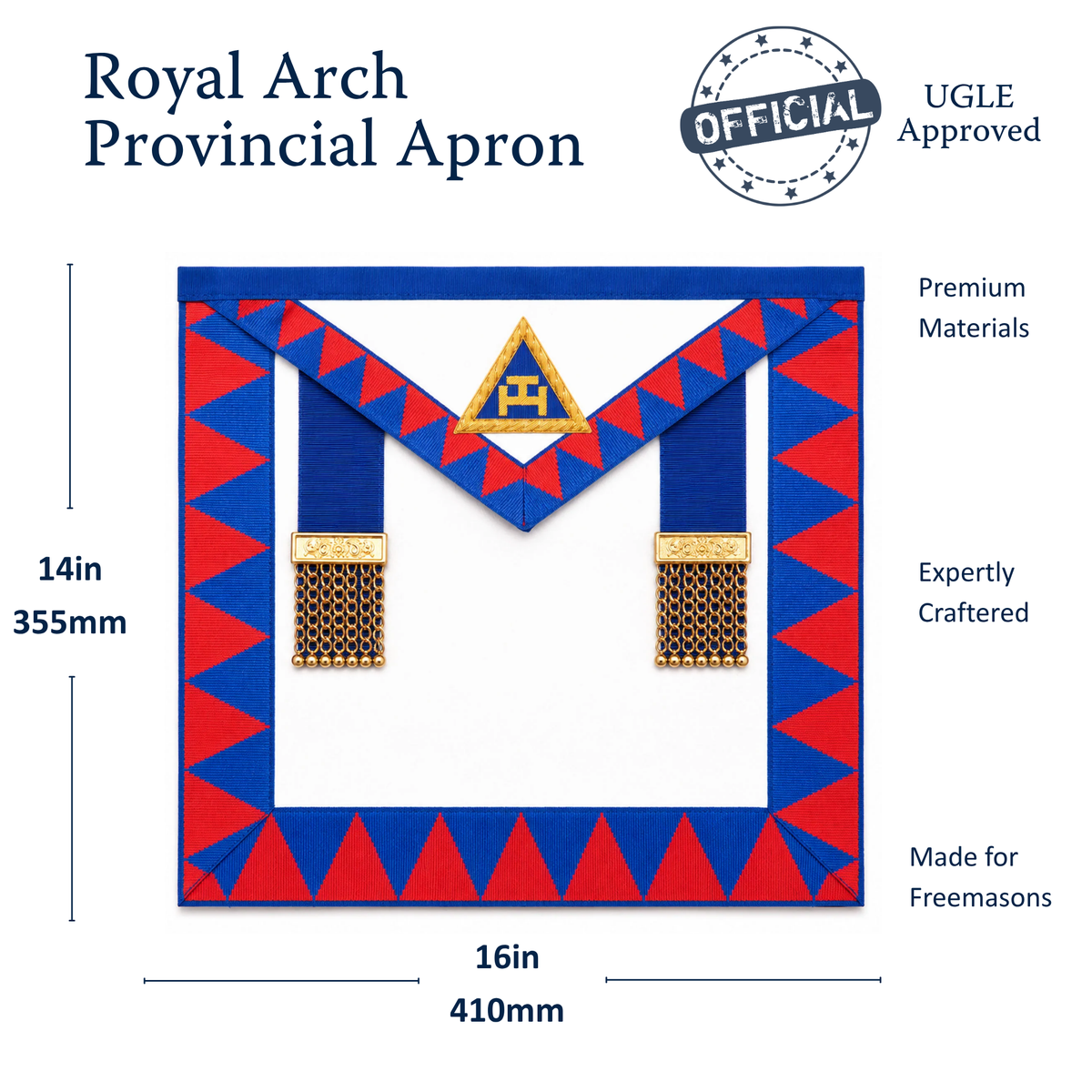 UGLE-approved Masonic Royal Arch Provincial apron size dimension