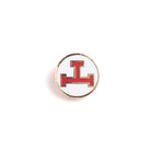 A round Masonic Royal Arch Triple Tau Lapel Pin Badge with a gold and red geometric pattern on a white background, with a metallic clasp on the back.
