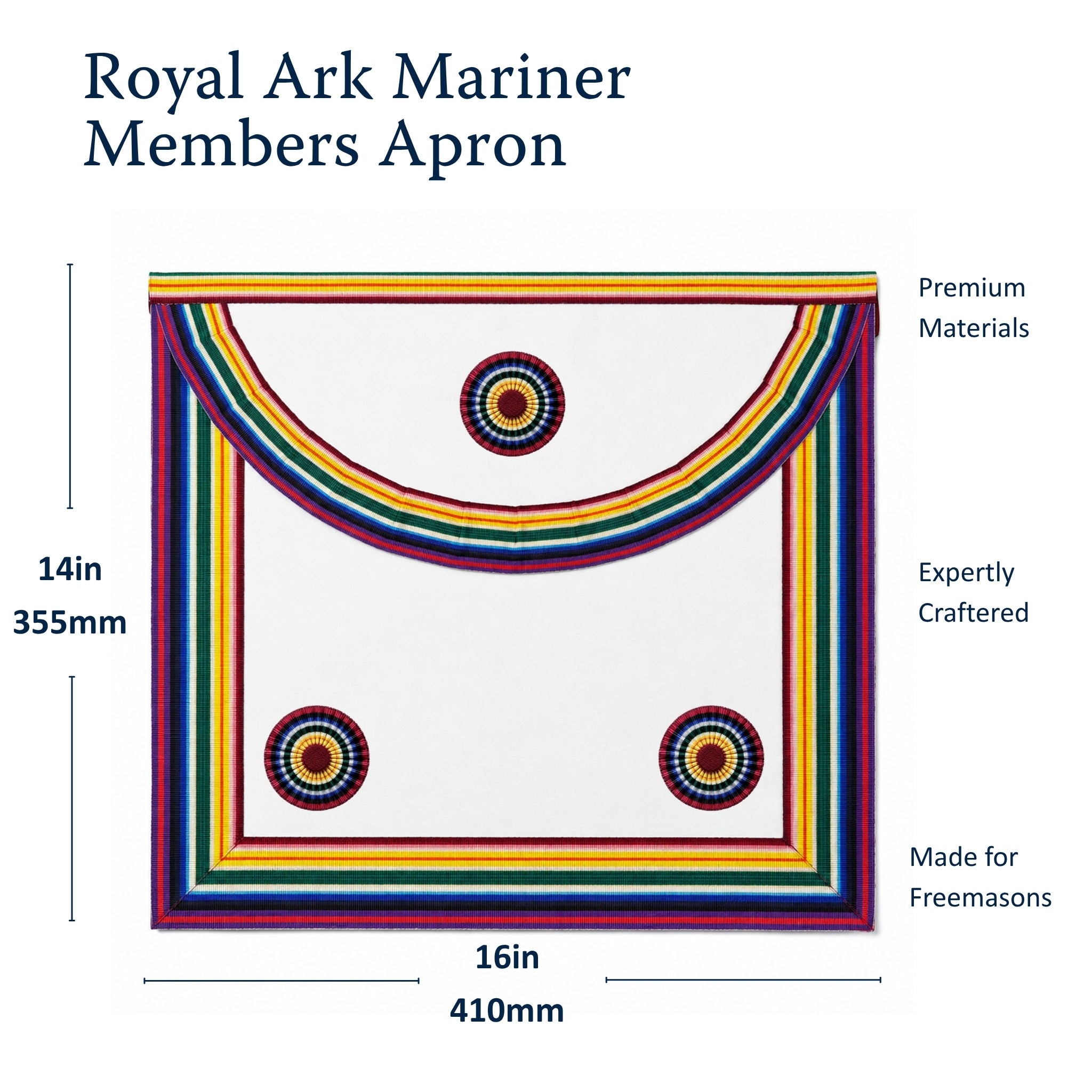 Official Royal Ark Mariner Members Apron, featuring a rainbow-coloured ribbon running along the sides, bottom edge, and flap. Size Dimension