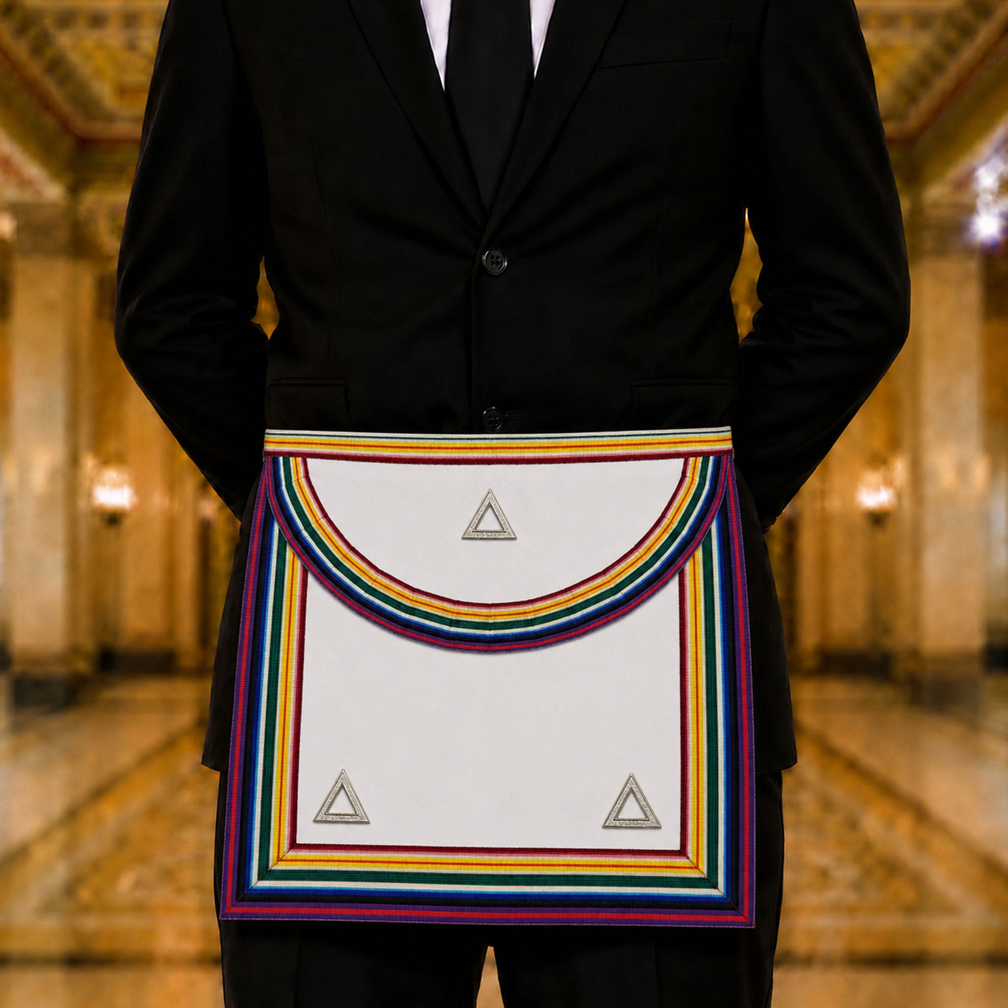 UGLE Official Royal Ark Mariner Commanders Apron, featuring a rainbow-coloured ribbon running along the sides, bottom edge, and flap being modelled