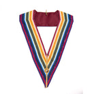 A multicolored striped Royal Ark Mariner Grand Rank Collar with a maroon base, multicoloured vertical stripeand a gold-colored clip.
