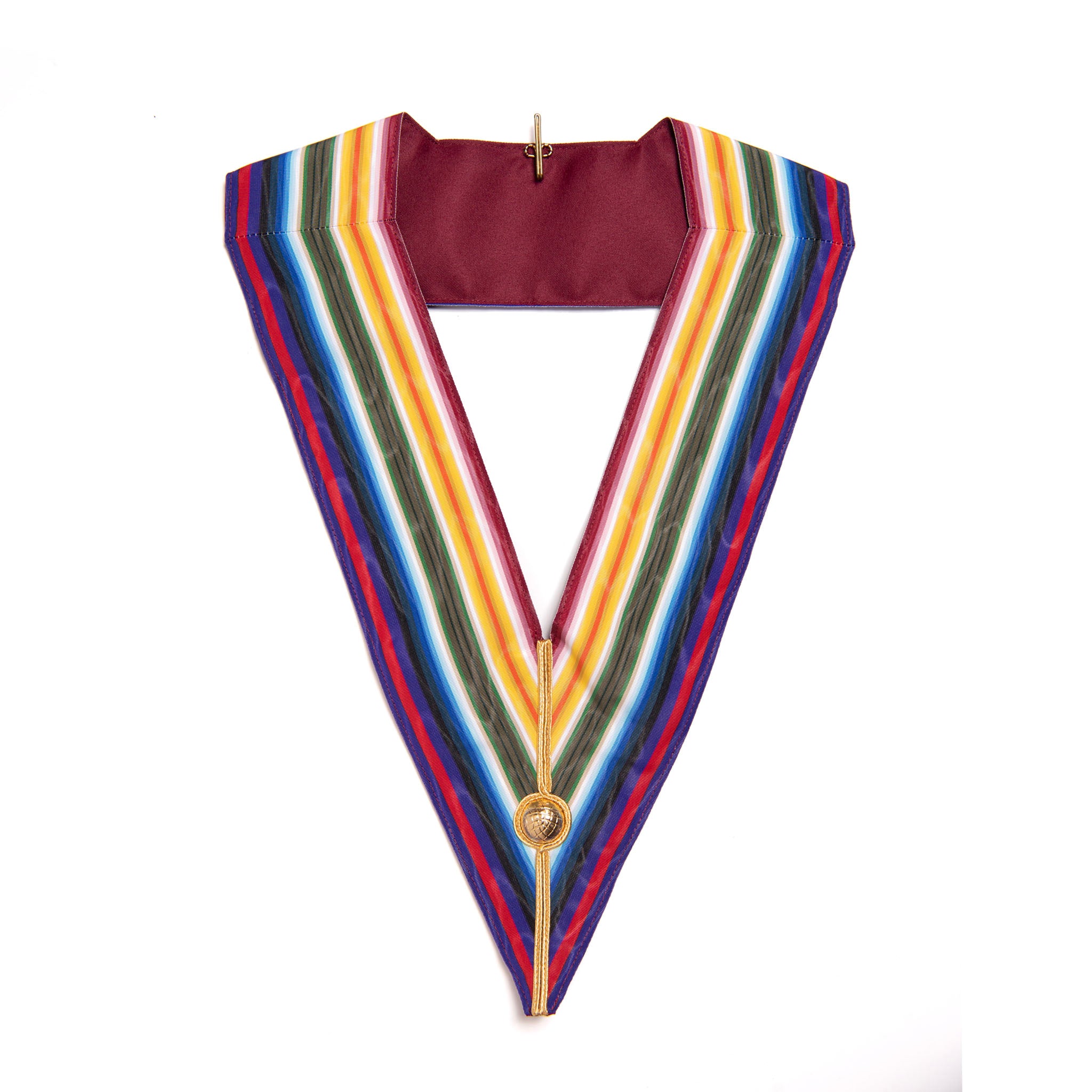 A multicolored striped Royal Ark Mariner Grand Rank Collar with a maroon base, multicoloured vertical stripeand a gold-colored clip.