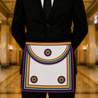 UGLE Official Royal Ark Mariner Members Apron, featuring a rainbow-coloured ribbon running along the sides, bottom edge, and flap being modelled