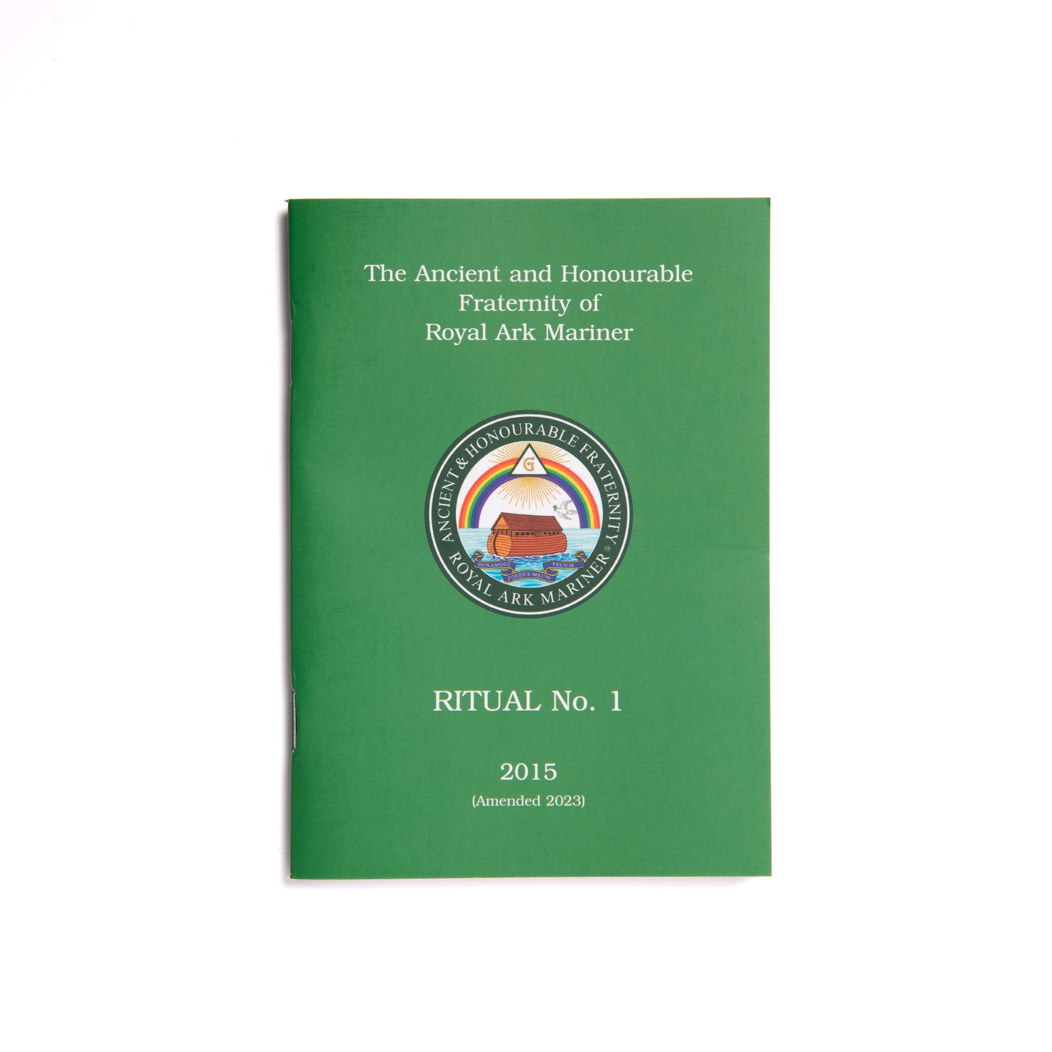 A green Royal Ark Mariner No.1 Masonic Book cover with the title 'The Ancient and Honourable Fraternity of Royal Ark Mariner RITUAL No. 1' and a logo at the top.