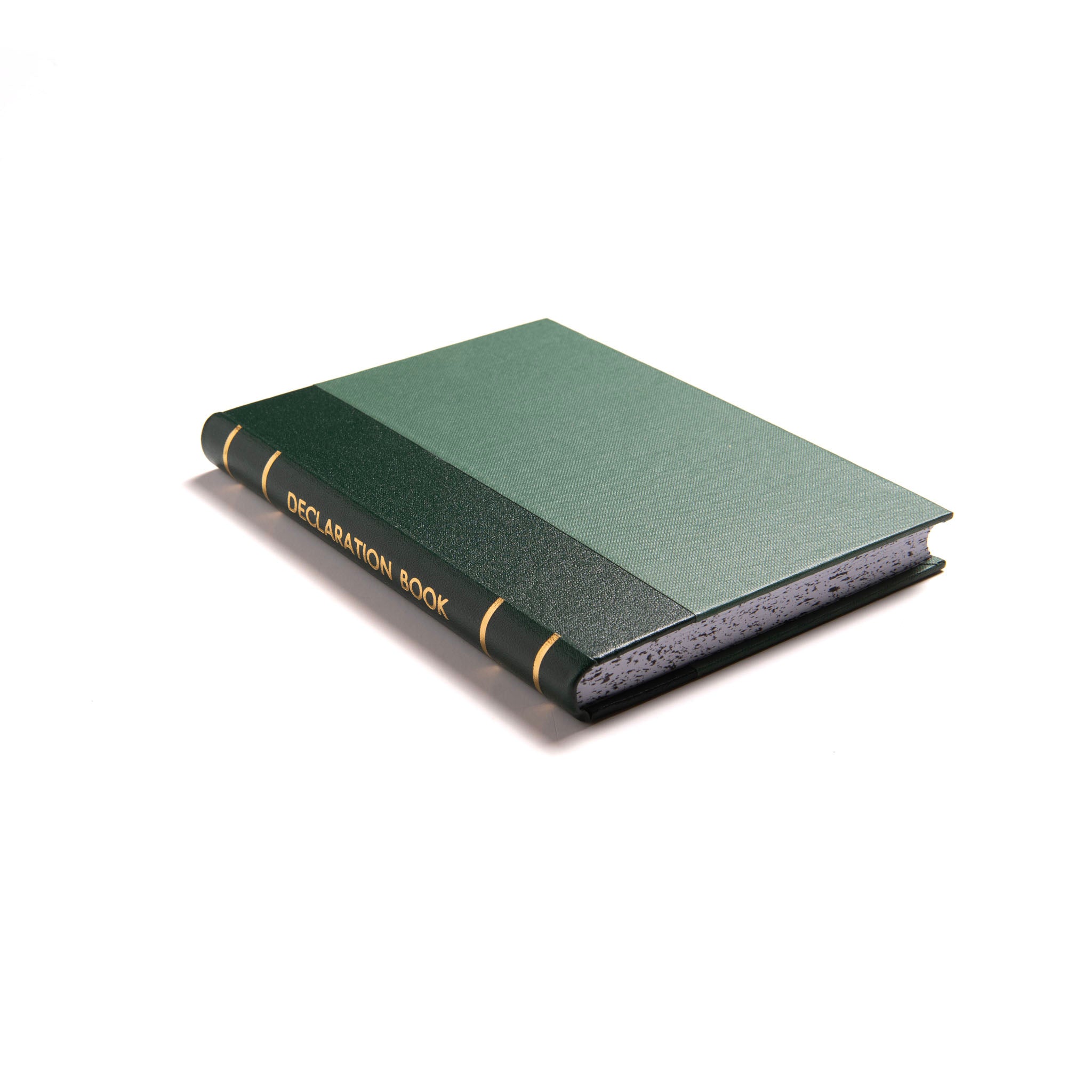 A closed Declaration Book with a green hardcover and gold block printing on the spine.