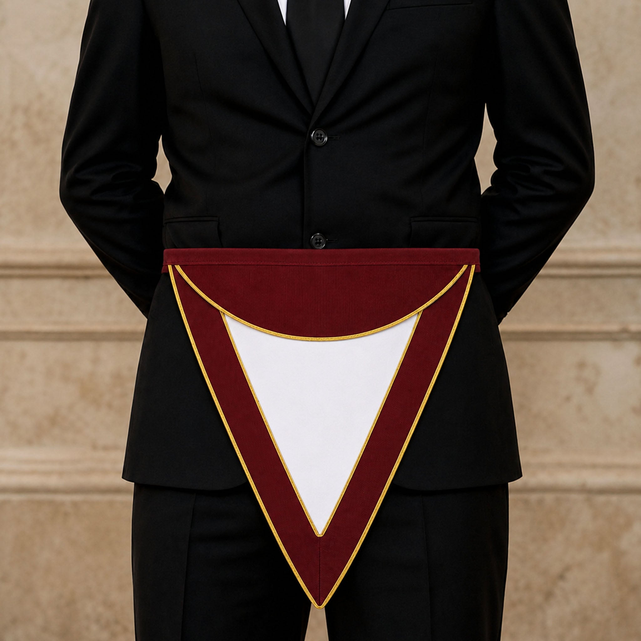 Royal & Select Masters Companion's Masonic Apron with burgundy and gold trim being worn