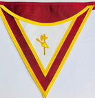 Masonic Apron wiht triangular banner style with red and yellow border and central emblem on a white background