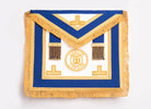 A blue and gold masonic apron with rosettes and a badge in the center.