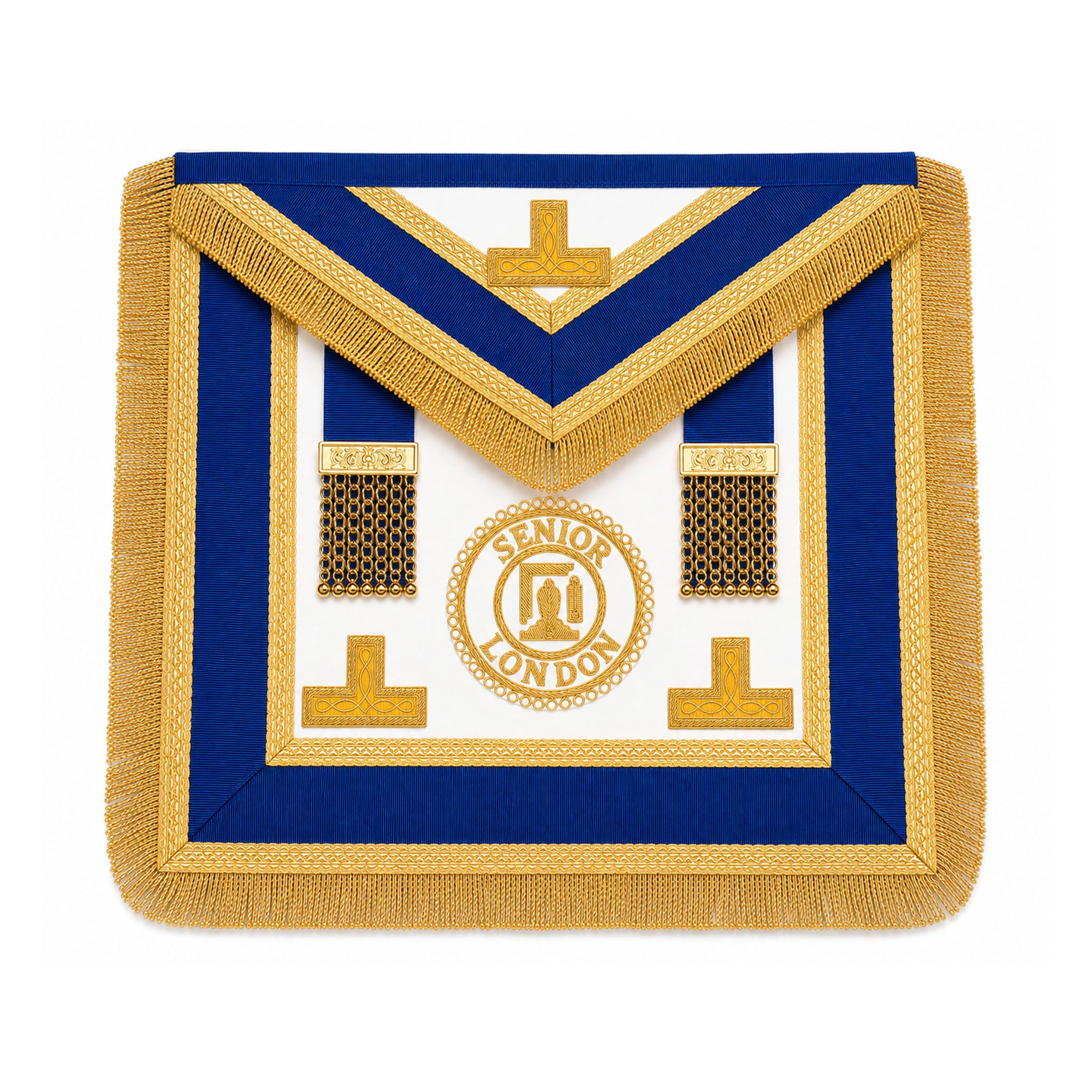 Senior London Grand Rank Masonic Apron dress style with blue trim, gold fringe and embroidered Senior London badge
