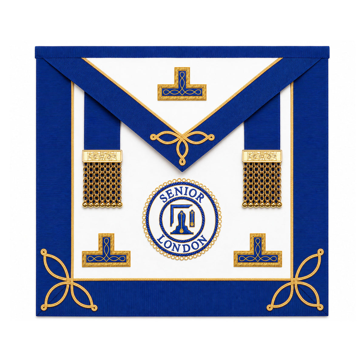 Senior London Grand Rank Masonic Apron undress style with blue trim, gold detailing and Senior London badge