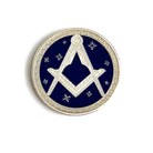 Masonic symbol on a blue and silver round medallion with decorative border.