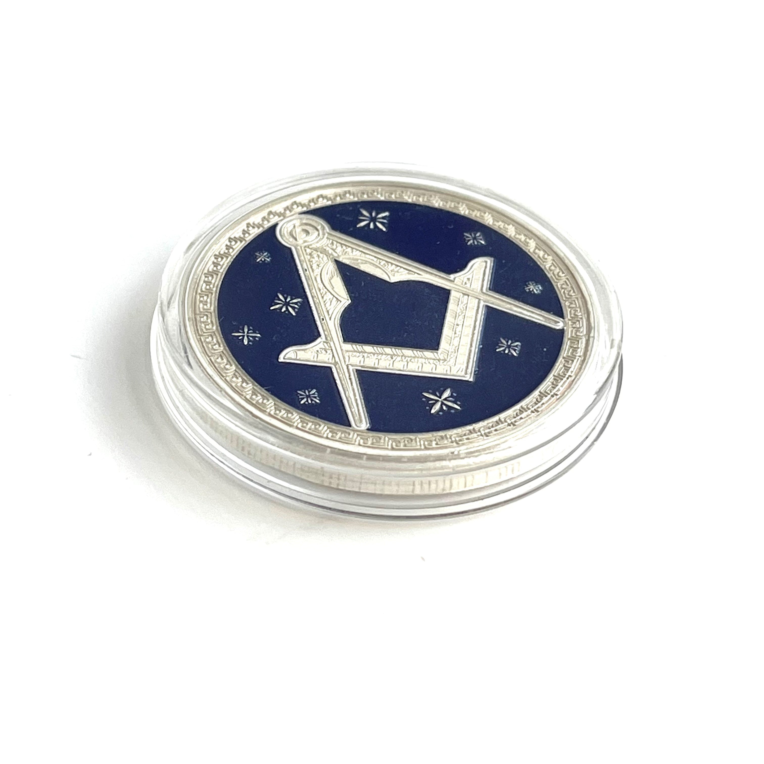 Silver Square & Compasses Freemasons' Hall Coin in plastic case