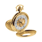 A gold-coloured Masonic skeleton half hunter pocket watch with a masonic white dial, displayed open to show the mechanical movement.