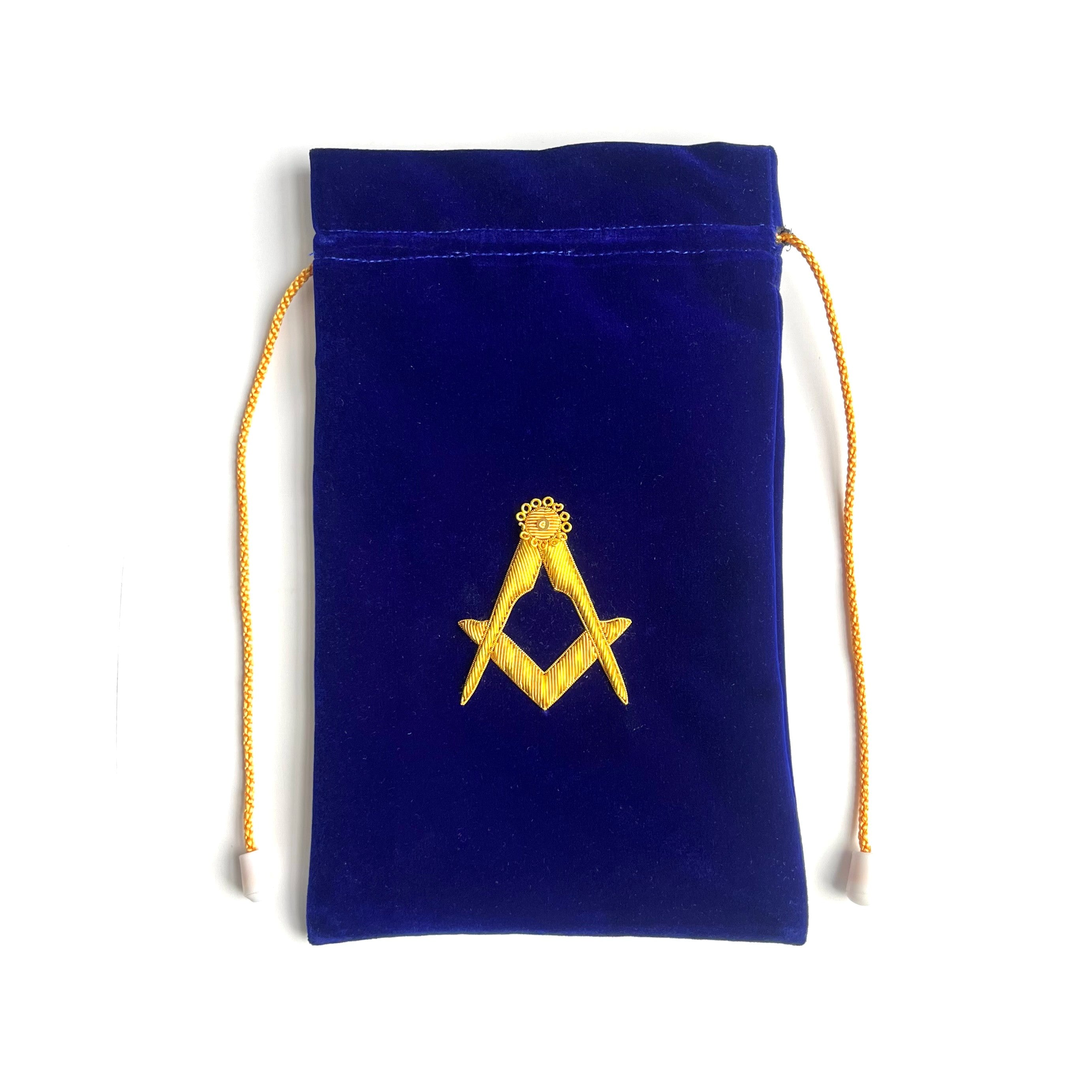 Small Masonic Alms Bag, made of blue velvet, with gold coloured square & compasses Masonic symbol in the middle. Drawstrings at the top.