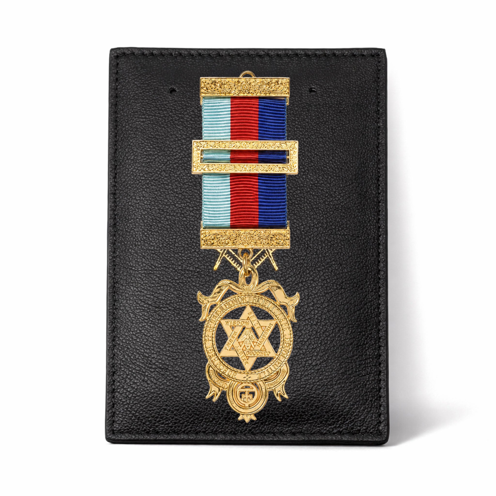 Premium Masonic leather jewel pad with the Royal Arch tri-colour breast jewel on it.
