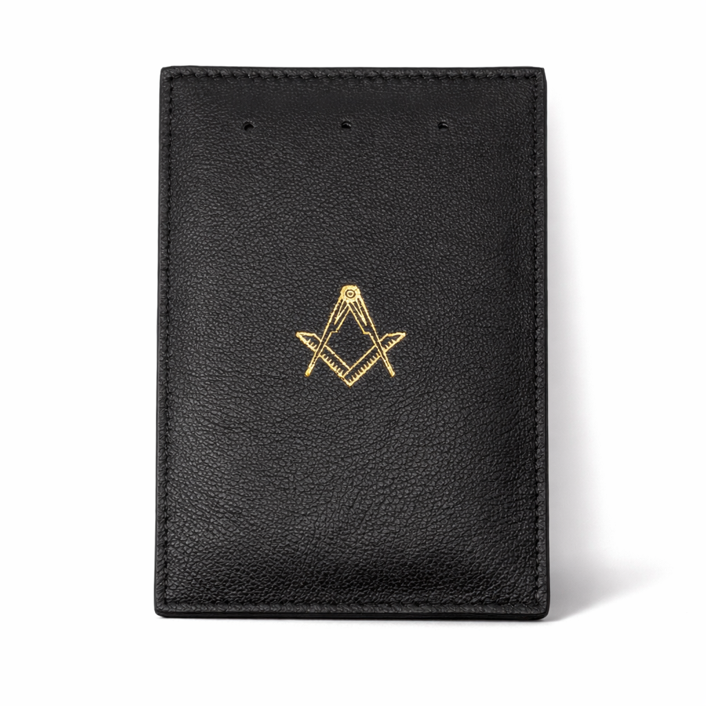 Premium Masonic leather jewel pad, featuring the Square and Compasses emblem in gold.