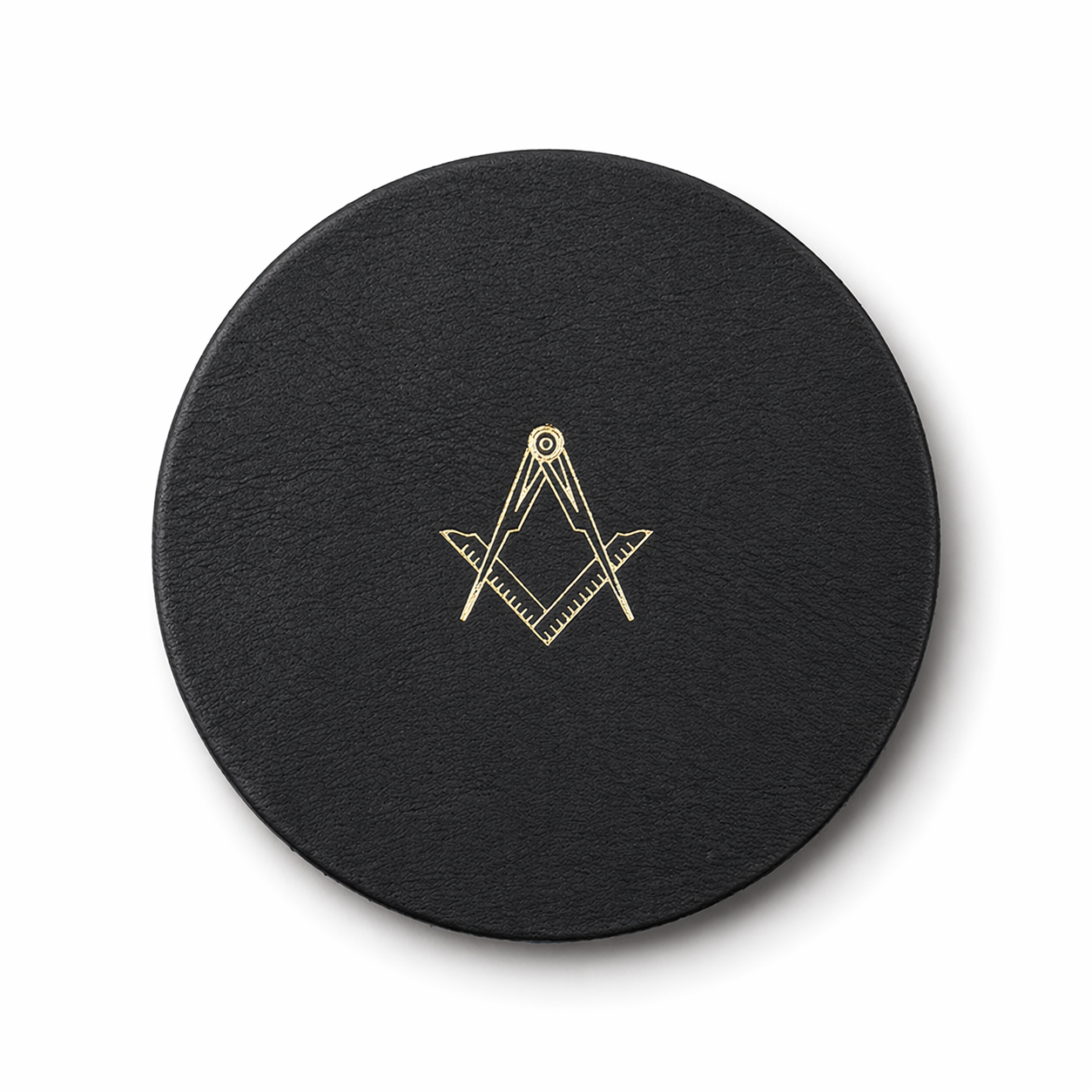 Masonic premium Leather Coaster featuring a gold Masonic square-and-compass emblem