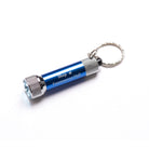 A mini aluminum torch with a silver engraved square & compasses emblem, blue barrel, and keyring attachment.