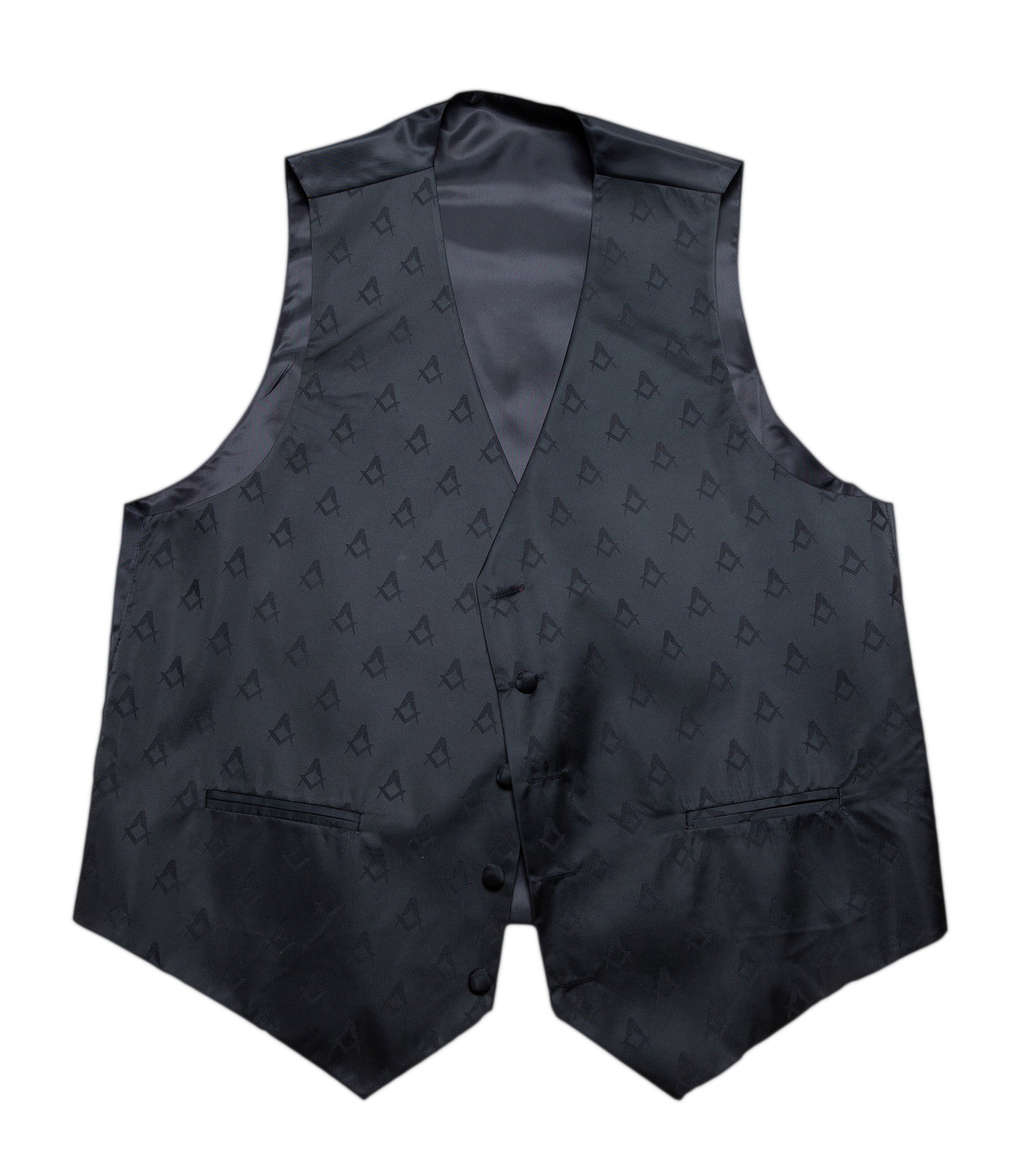 A black, single-breasted Masonic waistcoat with a square and compasses weave and five buttons.