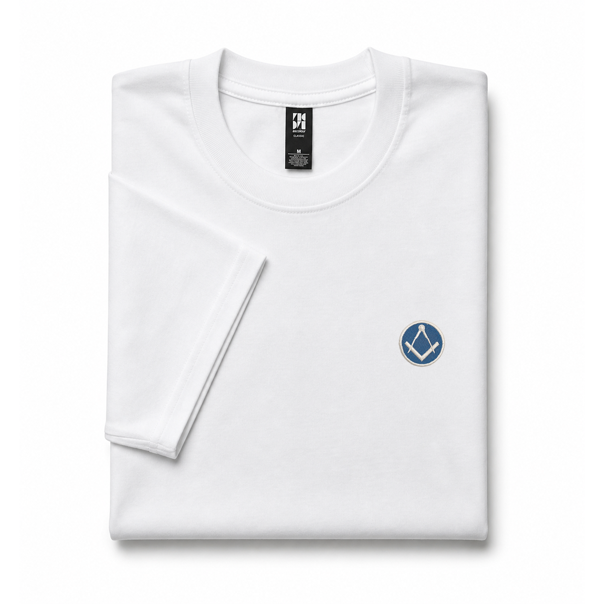 Masonic premium white t-shirt featuring the square and compasses emblem on the left chest, Freemason casual wear