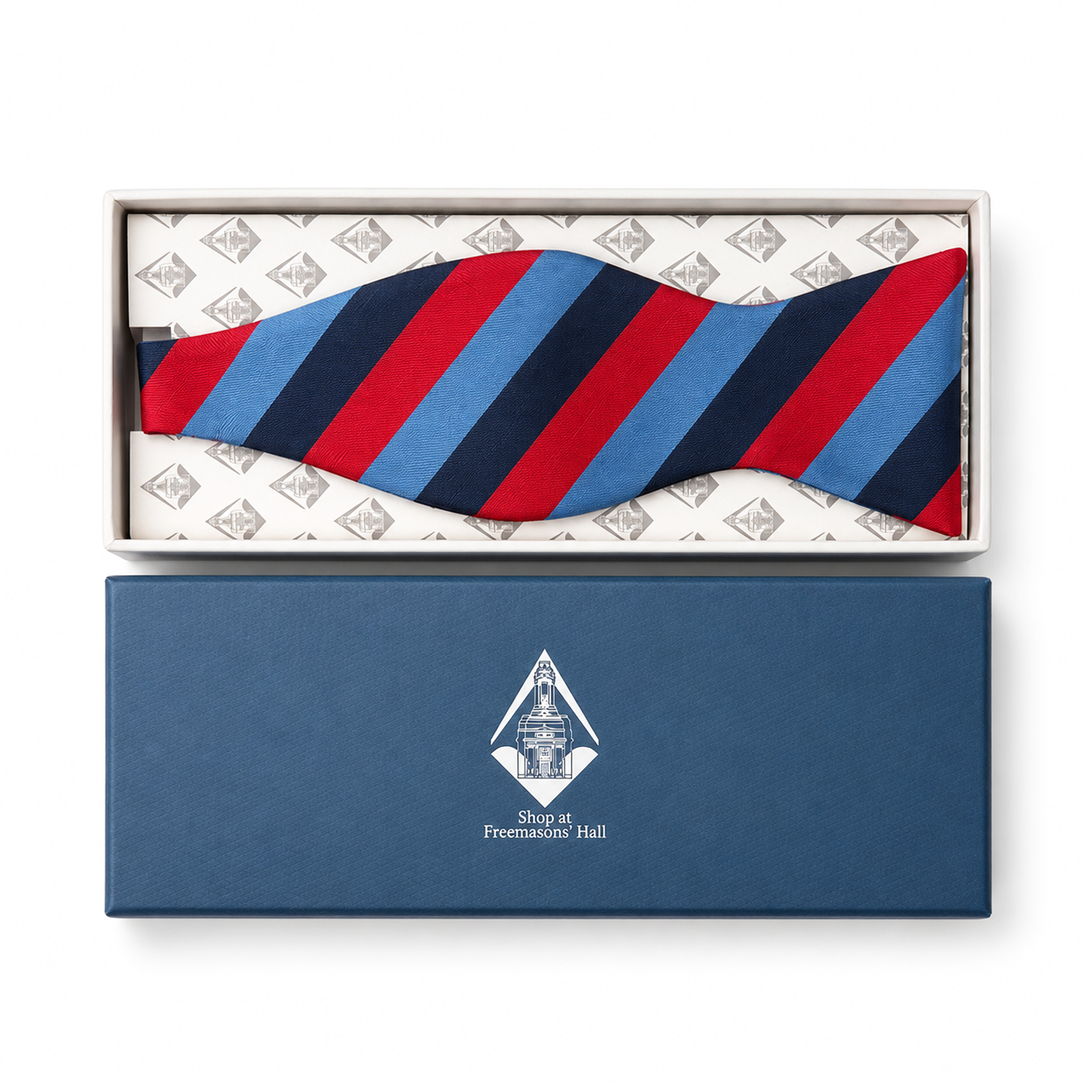Masonic One Journey silk self-tie bow tie in red, navy and light blue , official UGLE Freemason. Presented in a Freemason Hall Box 
