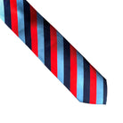 Striped UGLE Masonic tie laid flat with red, blue, and black pattern on a white background