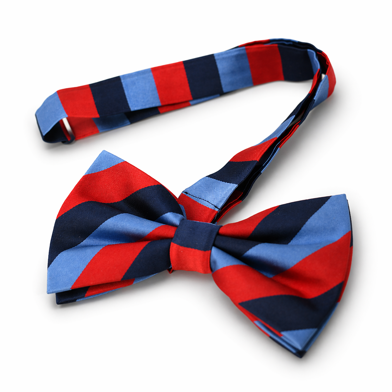 Masonic striped one Journey silk bow  in red, navy, and light blue diagonal pattern, formal Freemason accessory for lodge wear. Side view.