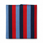 Striped square Masonic hankerchief in silk fabric with red, blue, and navy vertical stripes on a white background