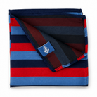 Striped One Journey Silk Handkerchief with red, blue, and black colors on a white background. 100% silk label